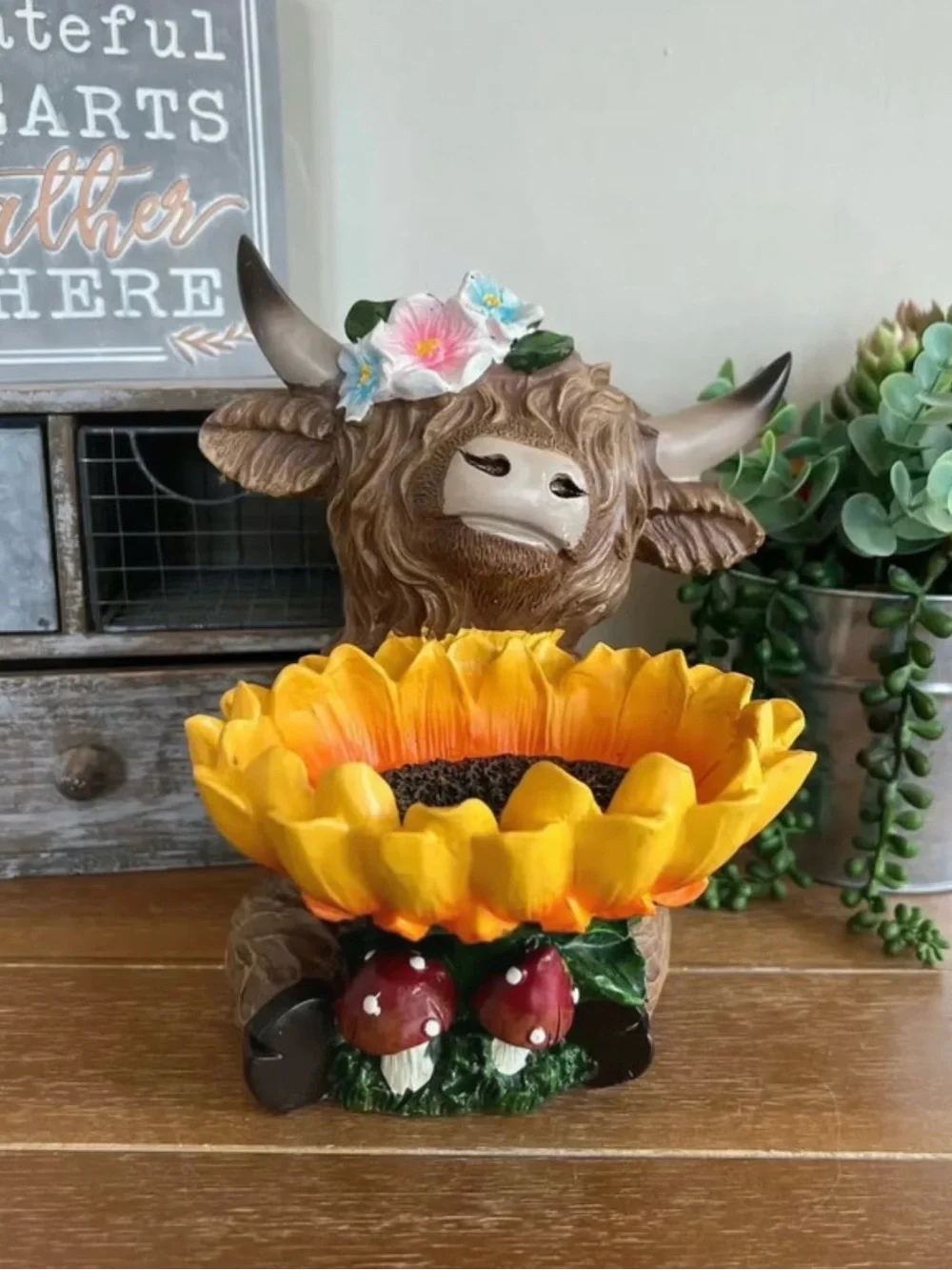 New Decorative Highland Cow Holding A Sunflower
